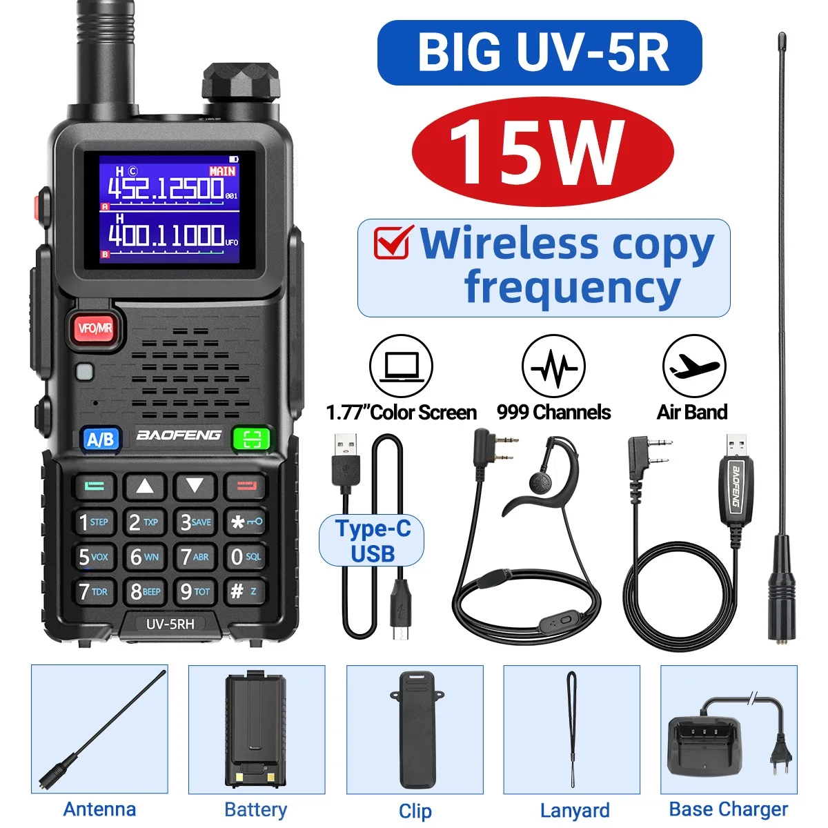 Baofeng UV 5RH 10W Air Band Walkie Talkie Long Range Wirless Copy Frequency Type-C Baofeng UV 5R MINI UV 21 PRO 2 Way Ham Radio image 3