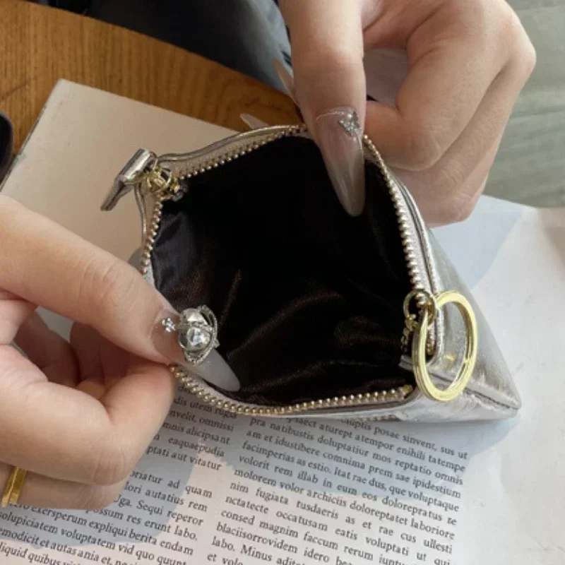 Mini Coin Purse Portable Key Card Holder Coin Bag Pouch with Keychain New Silver Genuine Leather Zipper Cute Wallet for Women