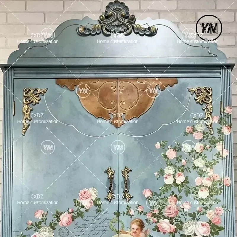 Retro Blue Hand Painted Flower Solid Wood Entrance Cabinet Double Door Gold Decorative Side Cabinet