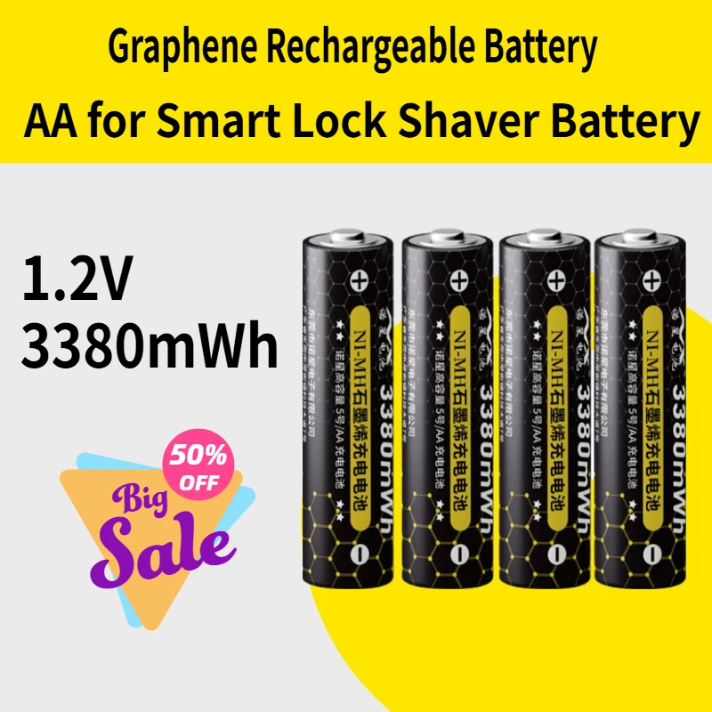 New AA Graphene Rechargeable Battery 1.2V 3380mWh for Smart Lock Shaver Battery