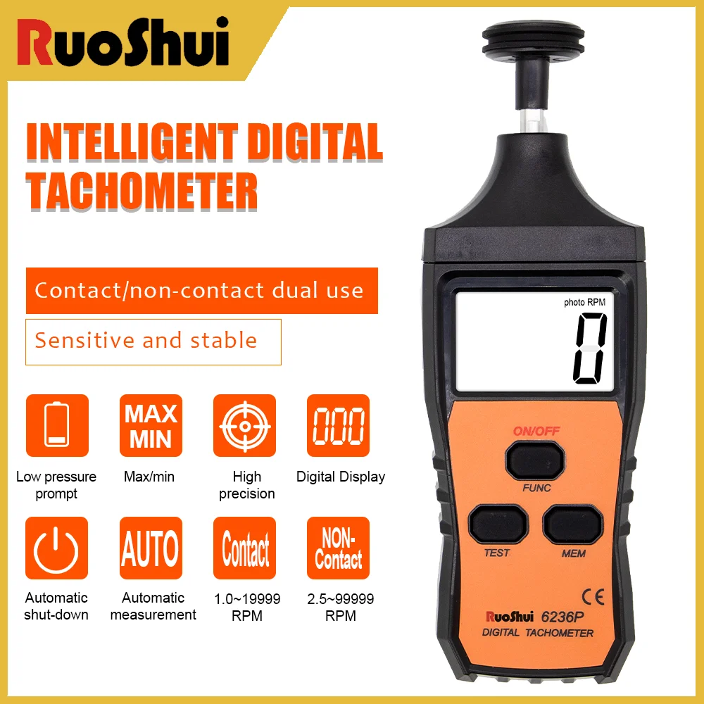 

RuoShui 6236P Intelligent Digital Tachometer Professional Non-contact Type 2.5-99999 RPM Tester Automatic Memory Function Tools