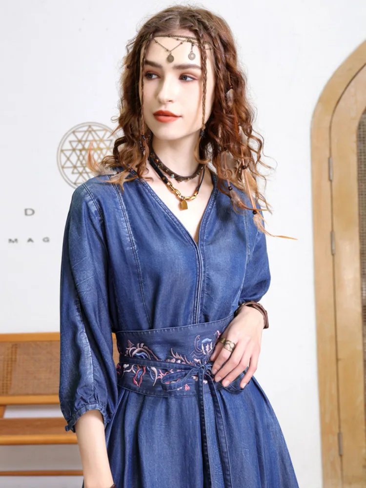 #2768 gaun Denim A-line biru Vintage wanita gaun wanita Retro pinggang tinggi lengan tiga perempat sabuk bordir musim semi musim gugur