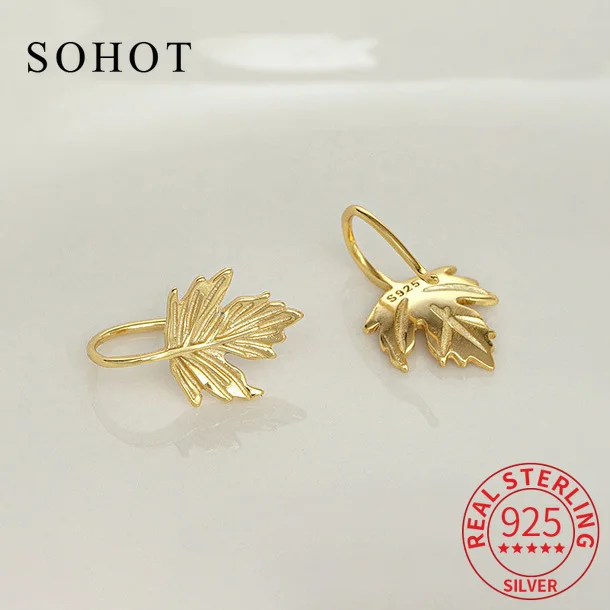 Real 925 Sterling Silver Minimalist Maple Leaves Stud Earrings for Women Party Trendy Fine Jewelry Plant Korea Accessories