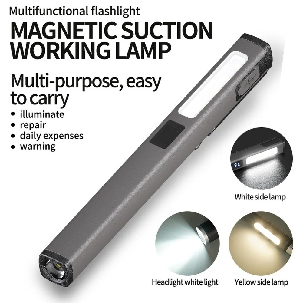 

1 шт., магнитный адсорбционный фонарик, перезаряжаемый через USB, многофункциональный COB, зажим для ручки, светодиодный светильник для авторемонта, рабочий светильник, запчасти для кемпинга