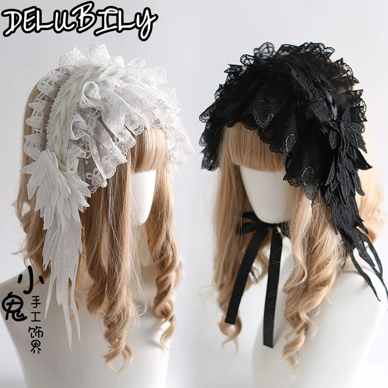 

Original Handmade Lolita Gothic Hair Accessories Black and White Lace Headband Two-dimensional Subculture Lace-up Headgear