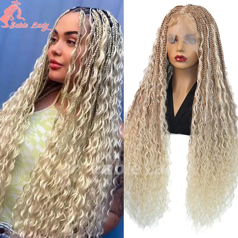 

27 613# Blonde Synthetic Knotless Box Braided Wigs Full Lace Boho Braids Wig With Curly End For Black Women 32" Lace Frontal Wig