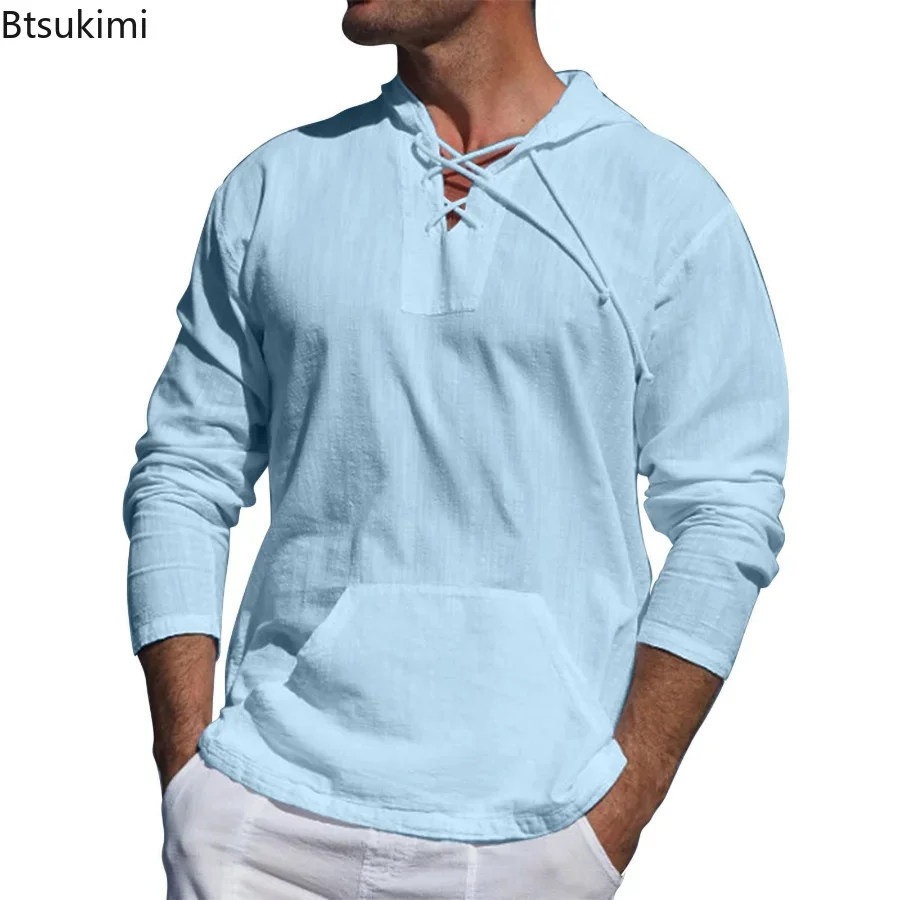 2024 Men\'s Casual Long Sleeve Tee Shirt Hooded Cotton Linen Loose Tops Shirts Man Husband Holiday Beach Shirts Male Ropa Hombre