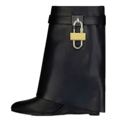 Metal Lock Buckle Women's Mid Calf Boots Punk Style Round Toe High Heel Western Boots Luxury Designer Wedges Women's Short Boots