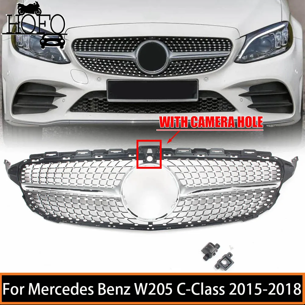 Front Bumper Grille Grill Chrome Diamond Style Inlet Mesh For Mercedes Benz W205 C-Class 2015-2018 Pre-facelift