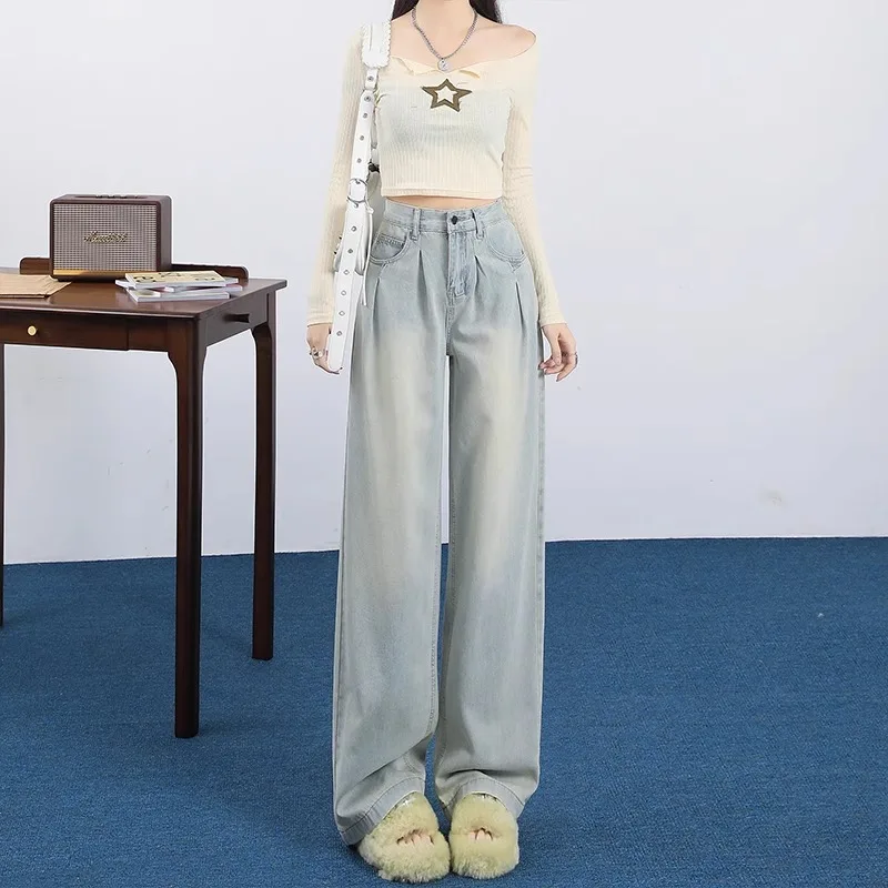 

Широкие джинсы с высокой талией, женские свободные плиссированные светло-голубые брюки длиной до пола, брюки прямого кроя на осень