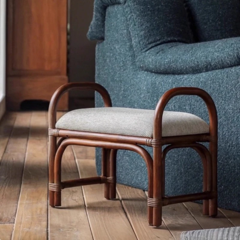 Natural Woven Rattan Shoe Stools Vintage Card Door Bench Genuine Rattan Shoe Changing Stool Balcony Compact Dressing Seat