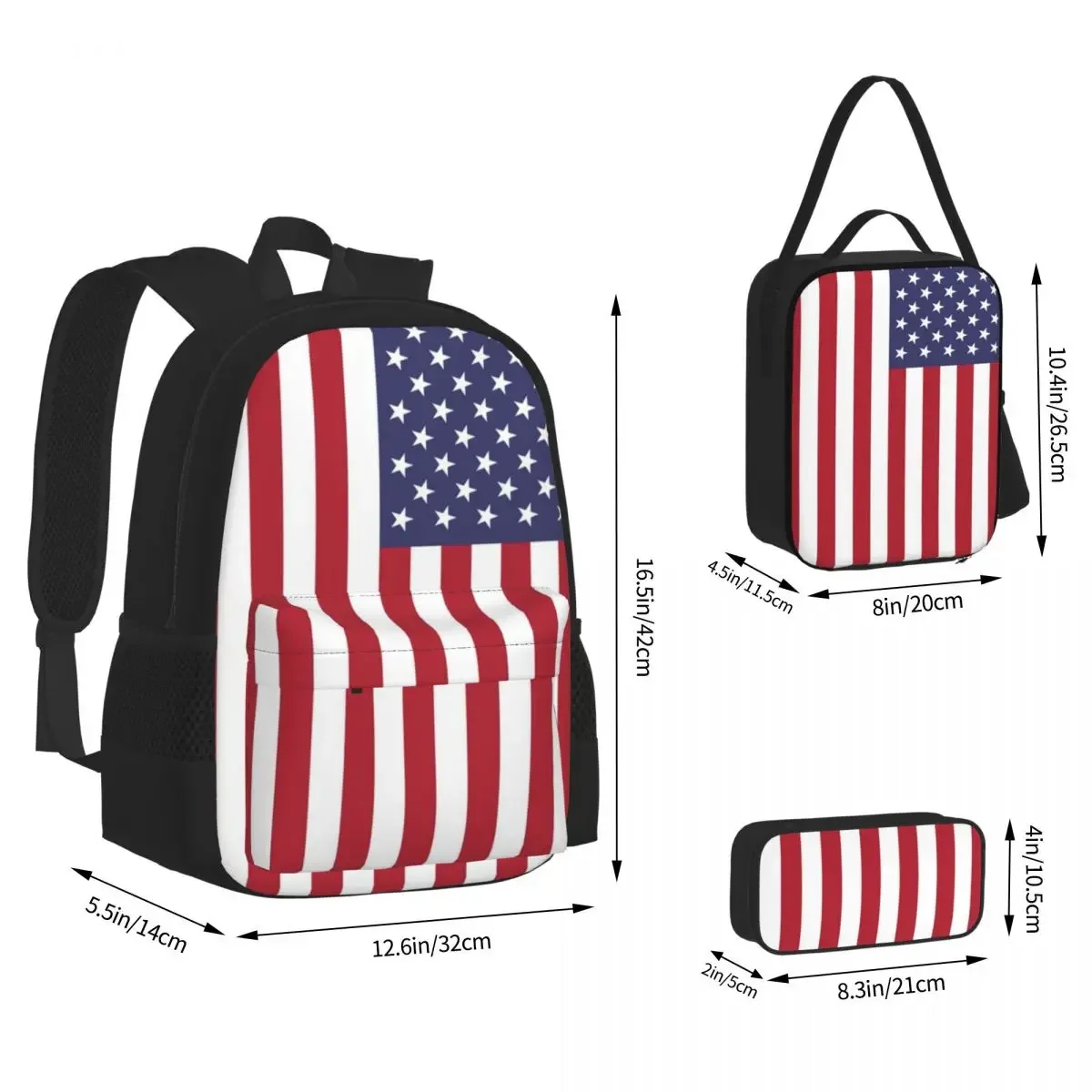 USA - American Flag Backpacks Boys Girls Bookbag Children School Bags Cartoon Kids Rucksack Lunch Bag Pen Bag Three-Piece Set