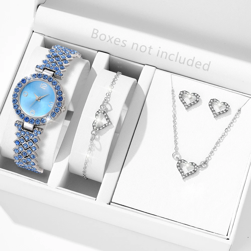 Blue 5PCS/Set Women Watch Minimalist Blue Dial Quartz Wristwatch Alloy Strap Watch Alloy Heart Shaped Jewelry Set Gift For Her