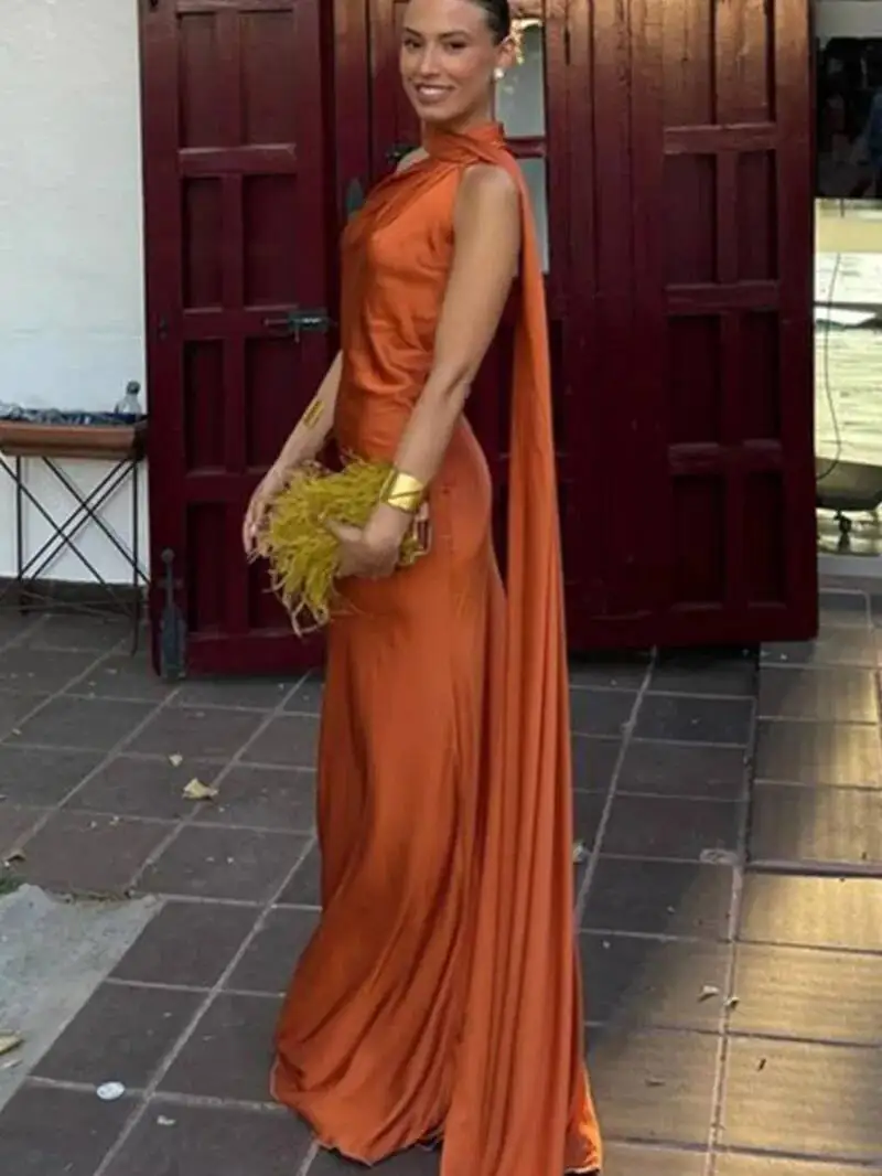 Abito da festa lungo in raso con nastro elegante Abito da donna senza maniche senza schienale solido Abiti da sera chic da donna primavera estate MZ4Q