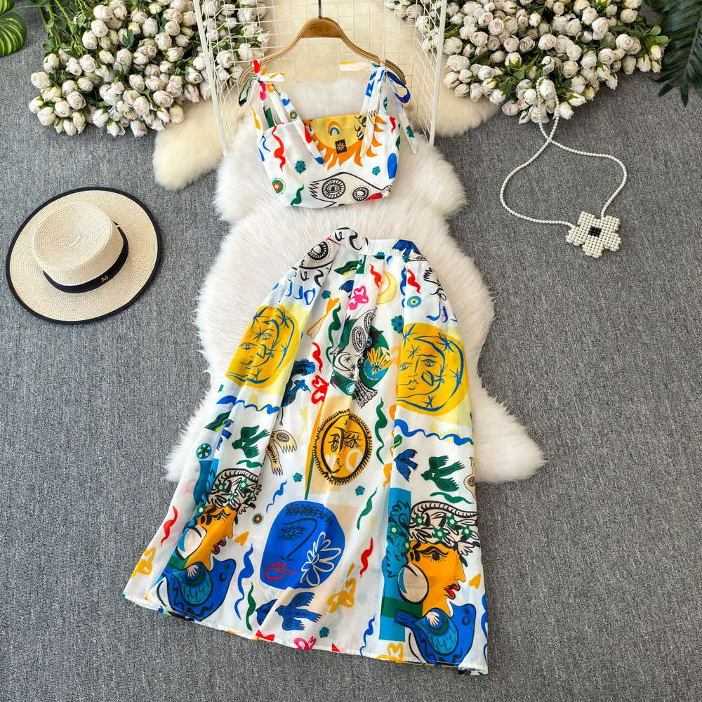 

French Vintage Print Cartoon Beach Skirts Two Piece Set Summer Crop Top And High Waist A-line Skirt 2 Piece Sets Elegant Outfit