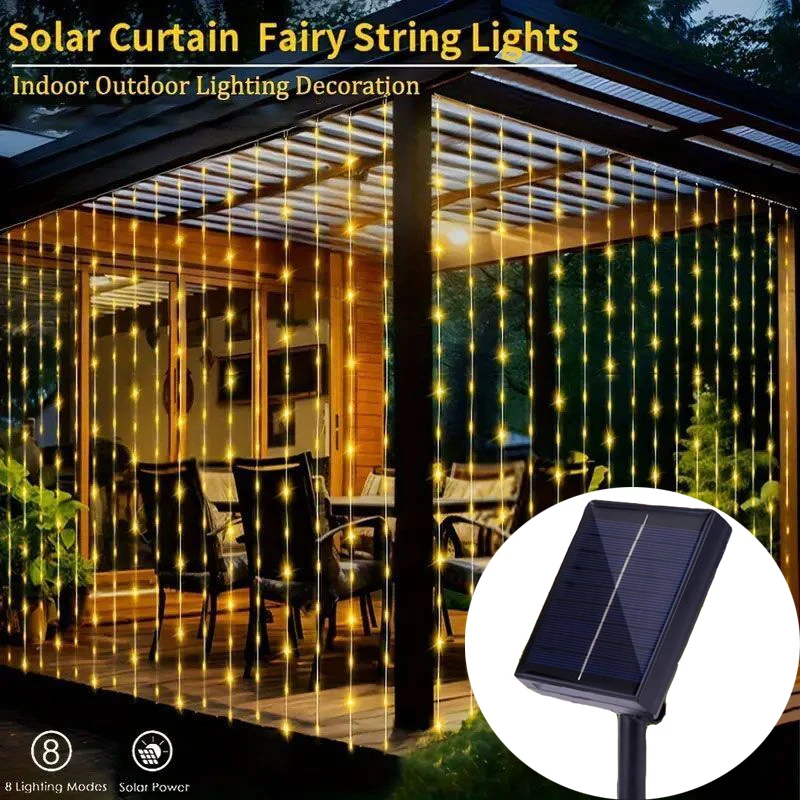 

Solar Curtain String Lights,Camping Outdoor String Lights,Waterfall LED Lights,8 Modes,Garden Outdoor Balcony Patio Wall Decor