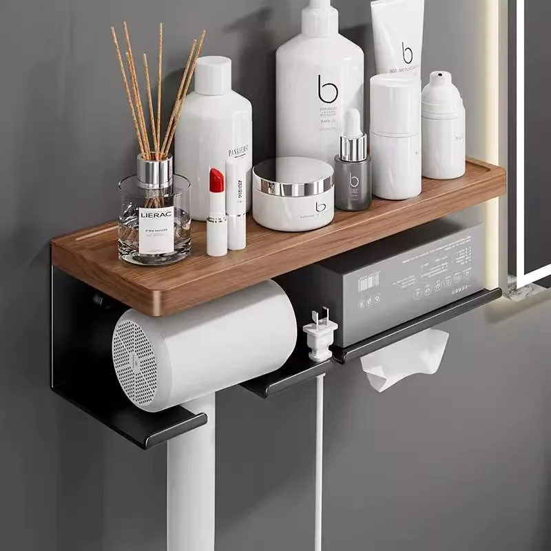 No Drill Walnut Wood Bathroom Shelf Hair Dryer Holder Wall Mounted Organizer Black Finish Dual Installation Options Smooth Walls