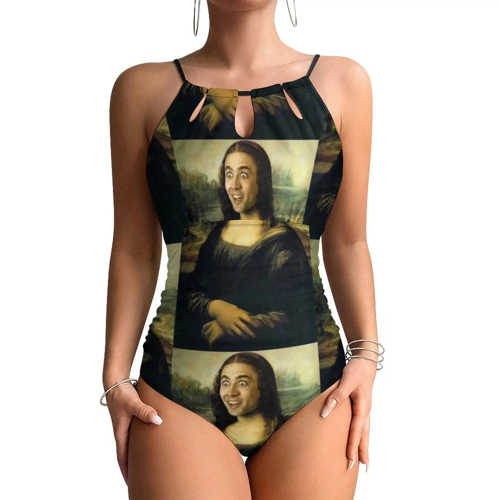 

Nicolas Cage Meme Swimsuit Funny Mona Lisa One-Piece Swimwear Push Up Stylish Monokini Sexy Beach Custom Beach Outfits