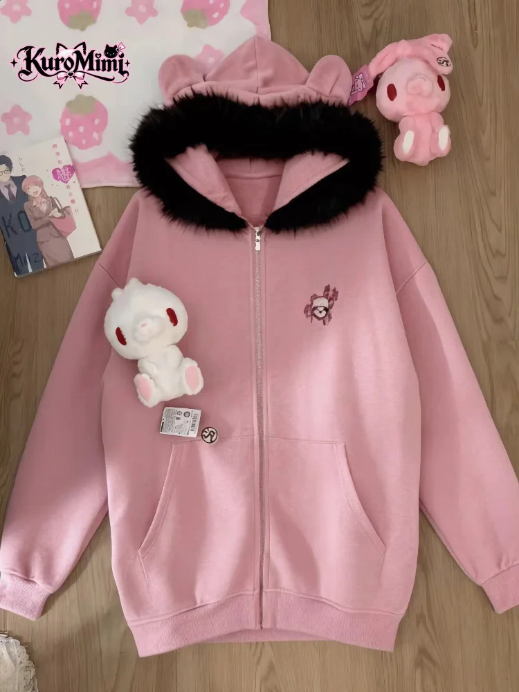 Women Japanese Kawaii Bear Ear Hoodie Zip Up Faux Fur Collar Black Pink Color Block Dark Gothic Sweatshirt Alt Grunge Sweet Cool