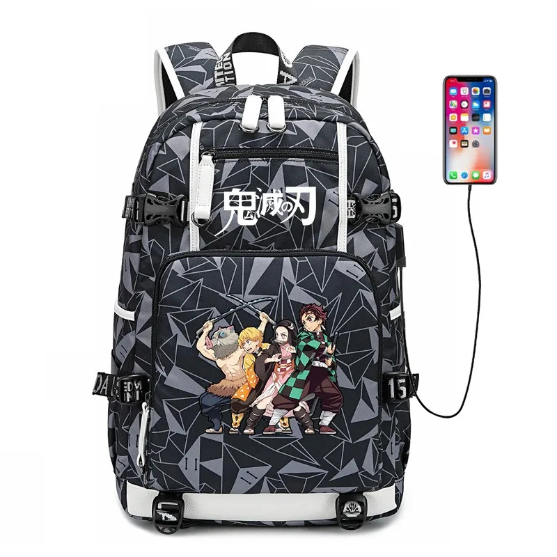 데몬 슬레이어 애니메이션 캐릭터 주변기기 새로운 2025 학생 학교 가방 Nezuko Kamado 배낭 USB 중학교 배낭 선물