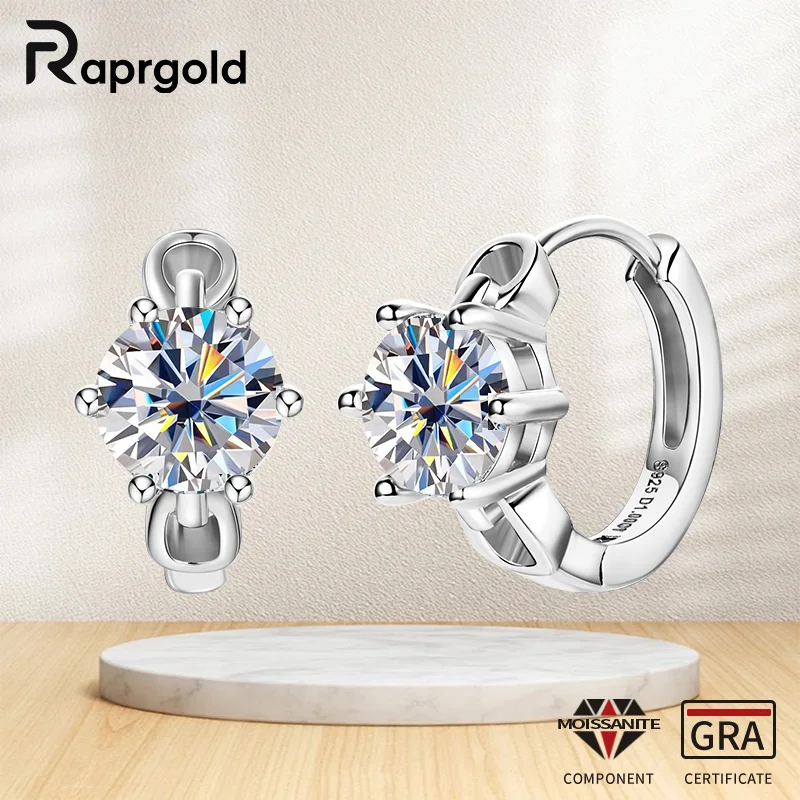 

RAPRGOLD 1CT Round Moissanite Hoop Earrings for Women with GRA Certificate 925 Sterling Silver Huggie Earring Fine Jewelry Gifts