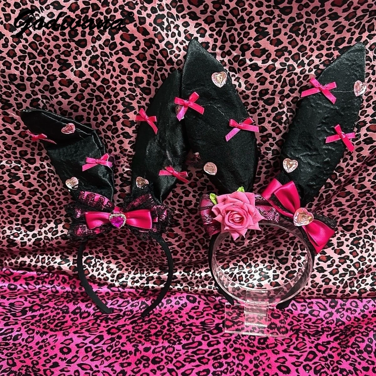 

Princess Girl's Cute Long Bunny Ear Hair Hoops with Sparkling Rhinestone Mars Retro Subculture Y2K Women's Flower Bow Hairband