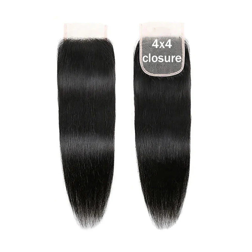 Straight 4x4 Lace Closure Transparent Swiss Lace Brazilian 100% Human Hair Extensions Natural Black Pre-Plucked With Baby Hair