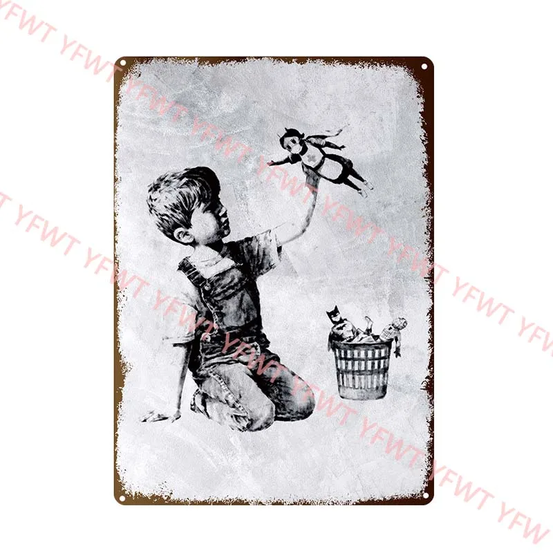 Banksy Graffiti Art Metal Tin Sign Poster Street Wall Painting Love Little Boy Poster Living Room Corridor Bar Home Decoration