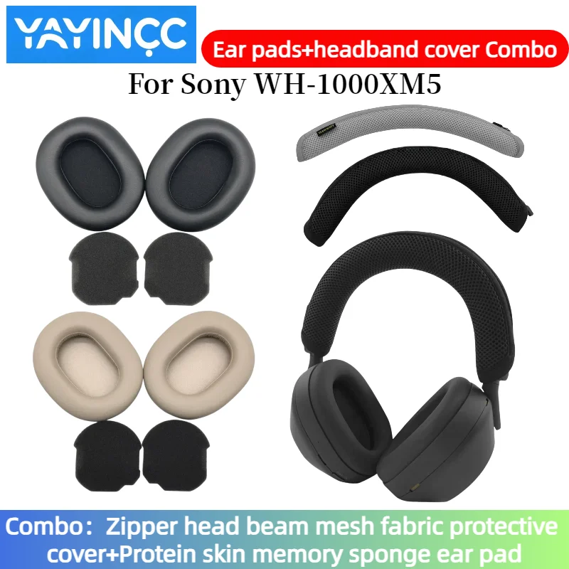 YAYINCC Replacement Sheepskin Protein /Mesh Ear pads+Zipper headband cover Combo For SONY WH-1000XM5 Headphones repair parts