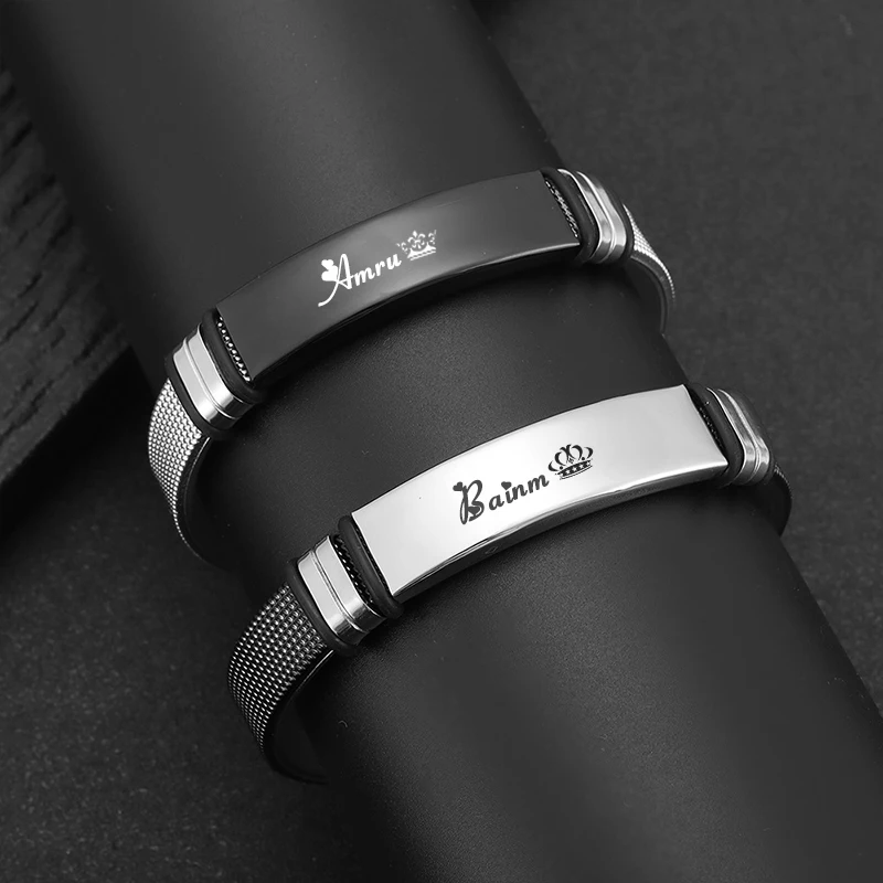 Men's Punk Style Laser Carved Logo Name Date Bracelet Stainless Steel Watch Strap Personalized Jewelry Gift For Men And Women