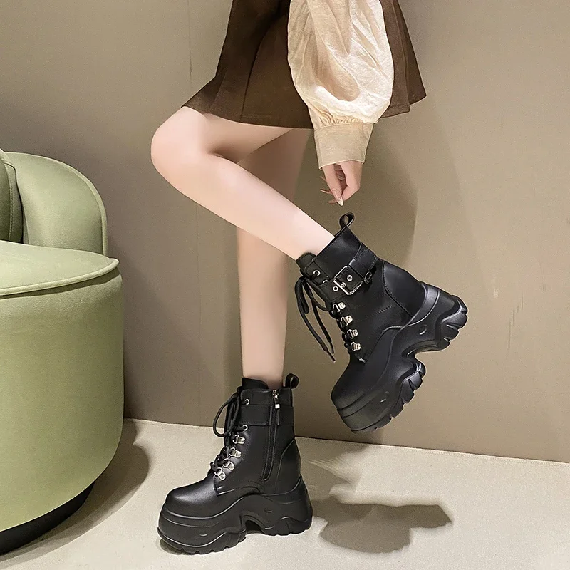 Women High Heels 9CM Thick Heel Ankle Boots Leather Chunky Shoes Autumn Winter Woman Punk Boots Platform Sneaker Botas Designer