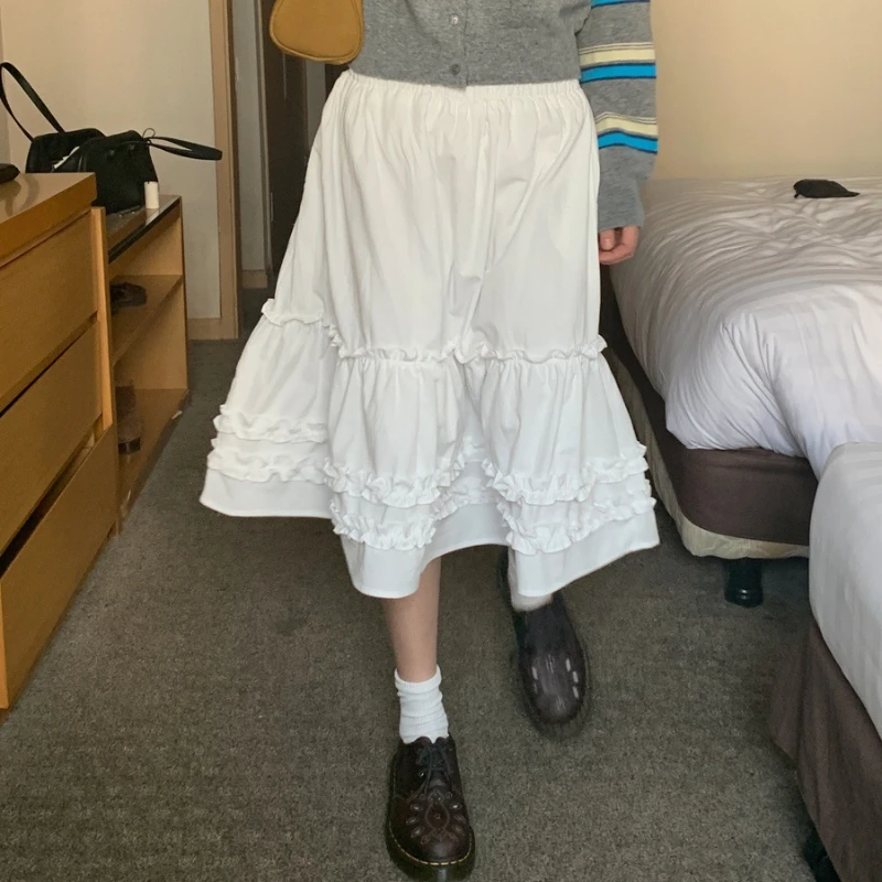 New Women Wooden Ear Korean Style Skirt Spring Fashion White A-Line Mini Skirt Sweet High Waist Hem Elastic Waist Skirts 2025