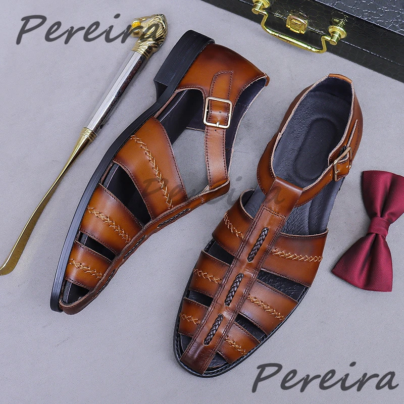 

Retro Cowhide Men's Sandals Summer New Hollow Round Toe Business Casual Shoes Vintage Ankle Buckle Med Heel Male Shoes Big Size
