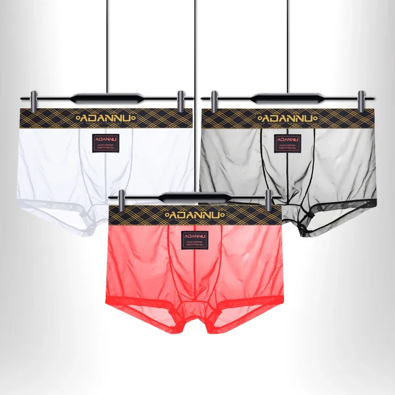 Men's Summer Ice Silk Underwear with Gold Thread Embroidery Waistband Ultra-Thin Transparent Mesh Quick-drying Briefs for Men