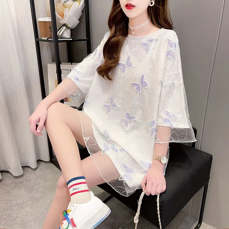 Short Sleeve Women's T-shirt Sequin Female Top One Pieces Polyester Korean Reviews Many Clothes Tee Fashion Clothing 2025 Sale