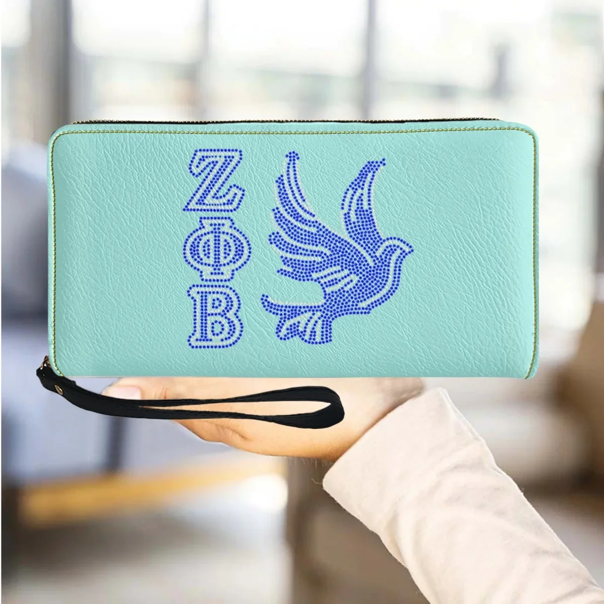 Mini billetera larga de cuero Pu con correa para el hombro para mujer, Zeta Phi Beta, estampado azul, moda elegante, monedero de nueva tendencia, regalo