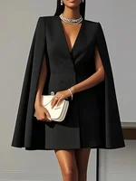 Women Fashion Commuter Solid Blazers Dress Office Double Breasted Waist Party Dress Elegant V-neck Shawl Cape Sleeve Midi Dress - Image 4