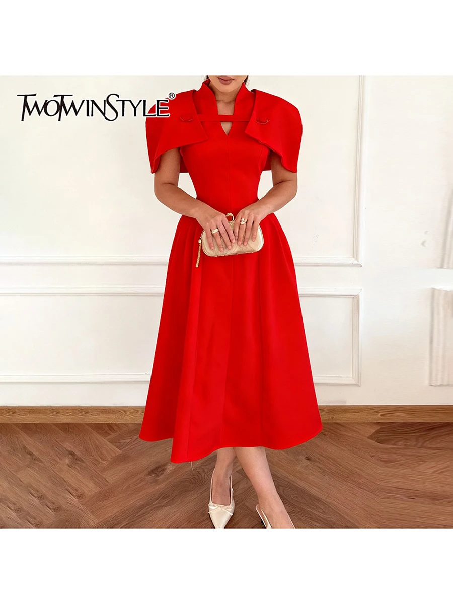 

TWOTWINSTYLE Solid Slimming Spliced Shirring Temperament Dresses for Women V Neck Sleeveless Patchwork Shawl Dress Female New