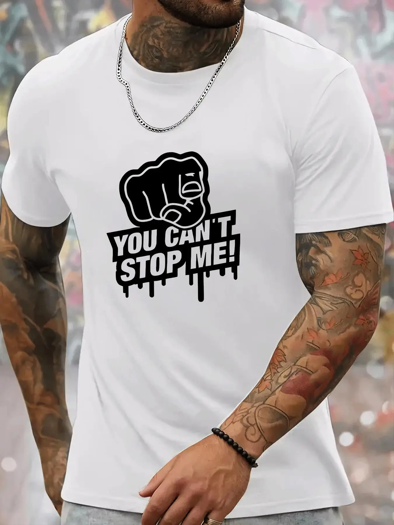 You Can T Stop Me Print Mens Crew Neck T Shirt Powerful Fist Drip Letter Graphic Short Sleeve Casual Cotton Summer Street Tees