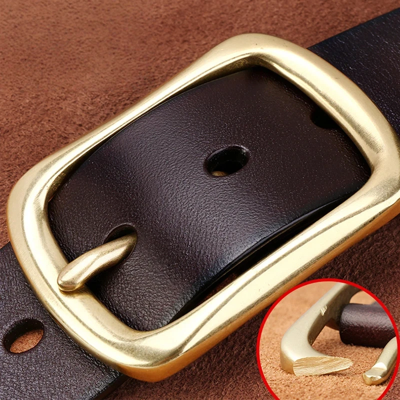 38cm-メンズ牛革本革ソリッド銅バックルベルト、中年および若者向けカジュアルニードルバックルビジネスジーンズベルト