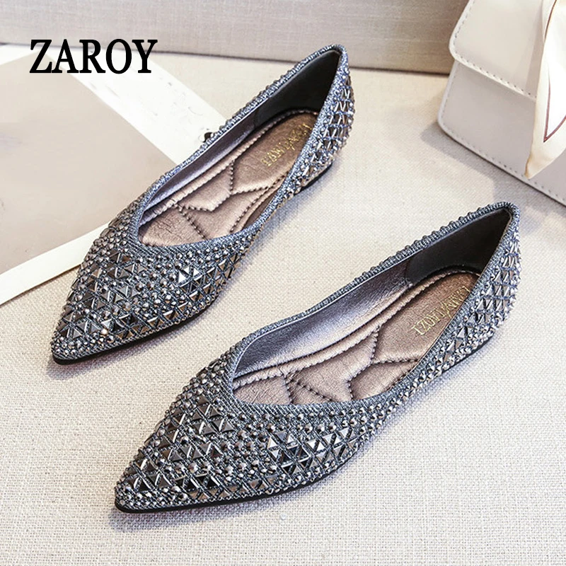

ZAROY Plus Size 43 Women Shoes Luxury Rhinestone Ballet Flat Shoes Elegant Point Toe Wedding Party Flat Sandals обувь же