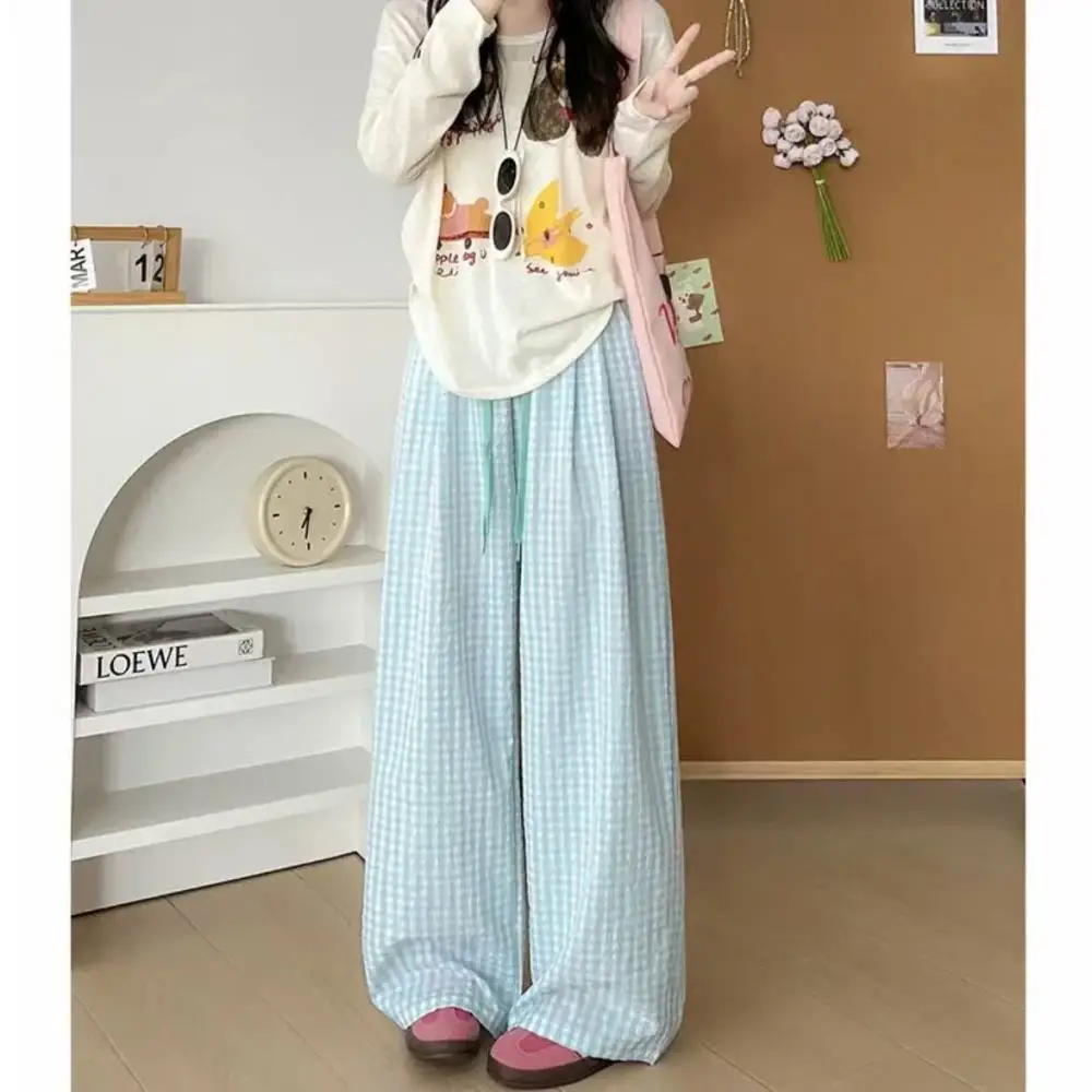 Women Plaid High Waist Wide Leg Pants Casual Straight Long Trousers Elastic Drawstring Comfortable Lounge Bottoms