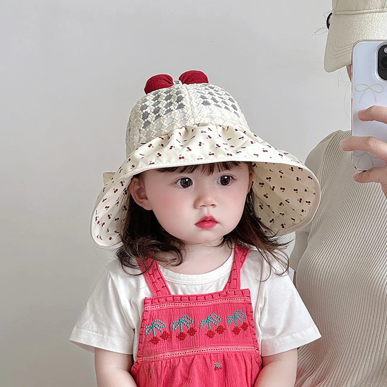 

Girls Summer Sun Hat Hollow Breathable Mesh Fisherman Hats Large Brim Sunscreen Basin Cap Red Bow Cherry Princess Sunshade Caps