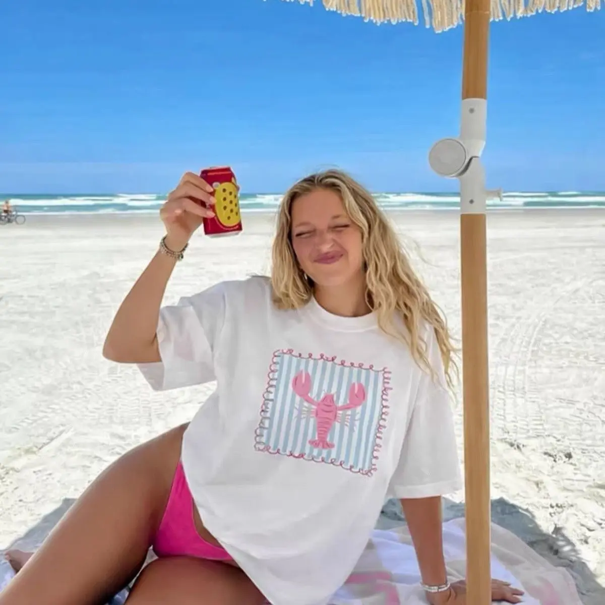 Chic Sweet Preppy Lobster Print Oversized White T-Shirt | Pink & Blue Striped Coastal Graphic Tee | Beach Vacation Casual Top