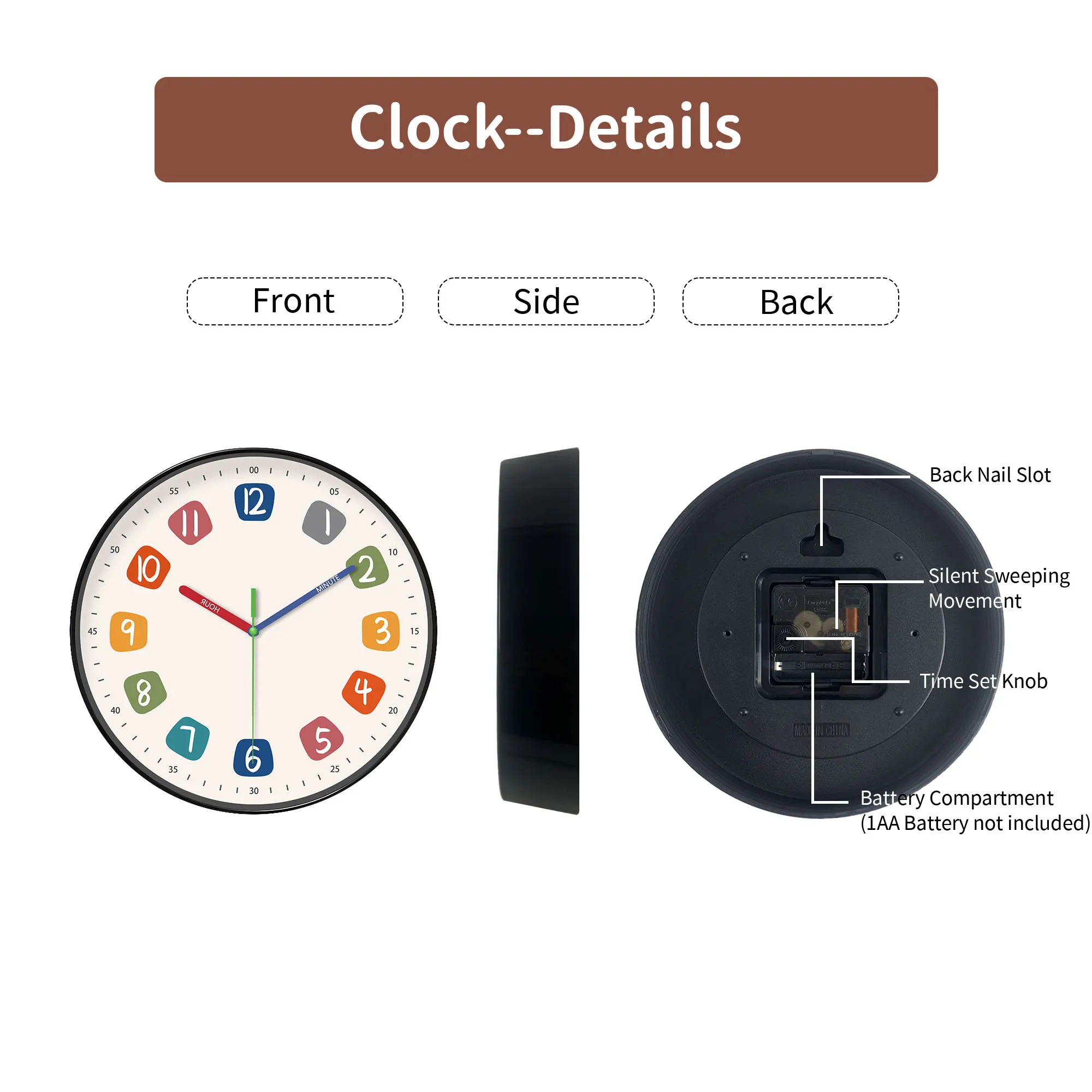 A modern simple wall clock, colorful digital and color hands designed instructional wall clock, silent clock, for living room be