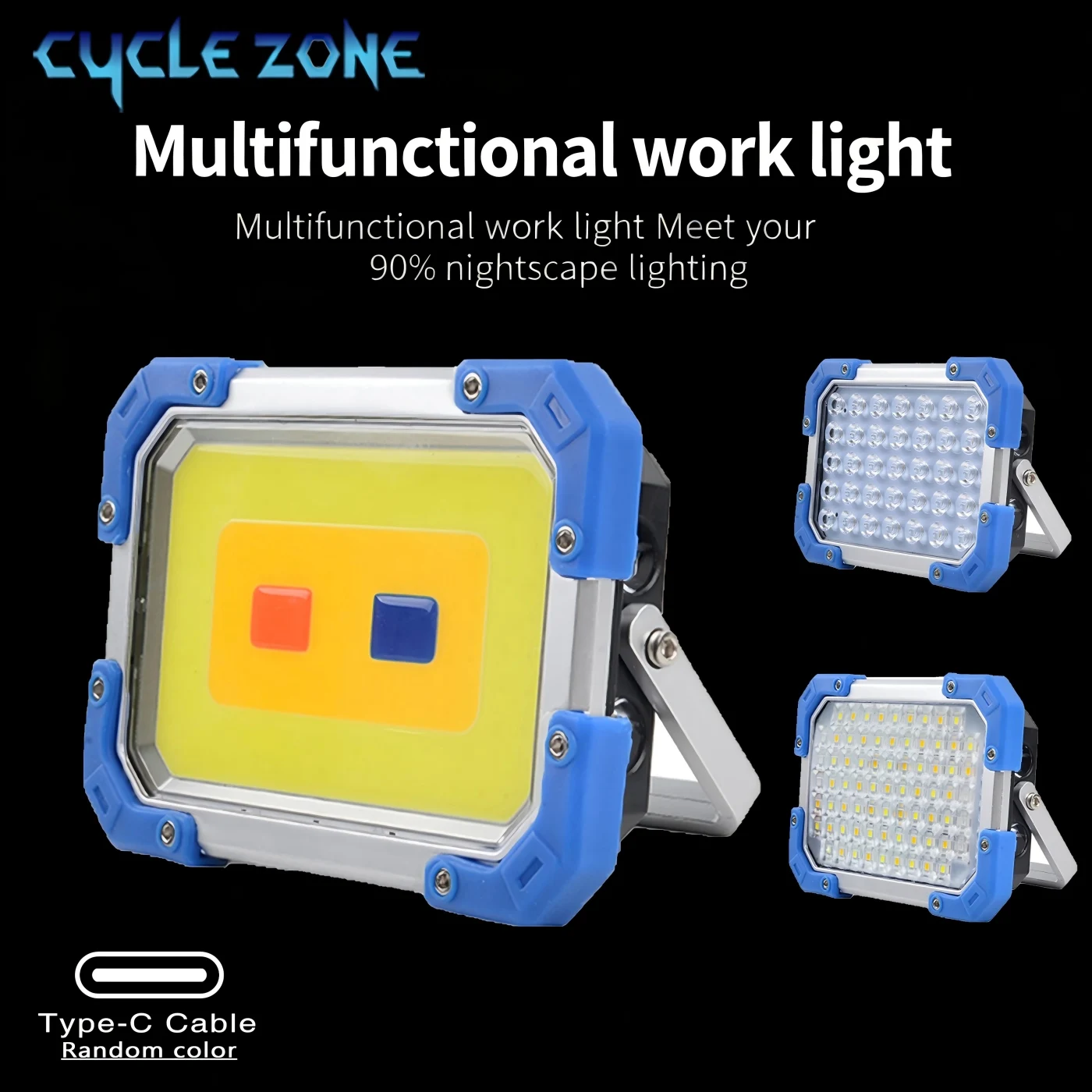 أضواء العمل المحمولة COB LED TYPE-C القابلة لإعادة الشحن التخييم الكاشف في الهواء الطلق الطوارئ إصلاح السيارات ضوء مصباح تحذير أحمر أزرق