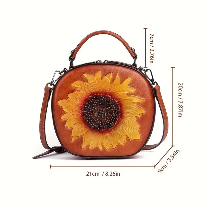 Vintage Genuine Leather Crossbody Bag for Women – Sunflower Embossed Small Handbag for Daily Outings, Dates
