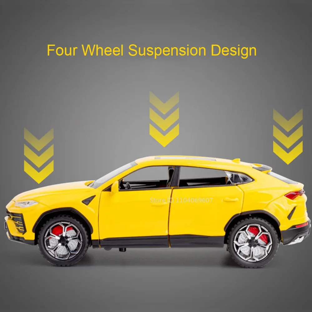 1:24 URUS Metal Diecast Model Car Toys Pull Back Sound Light Doors Opened Shock Absorption Ornament Vehicle Toy Models Kids Gift