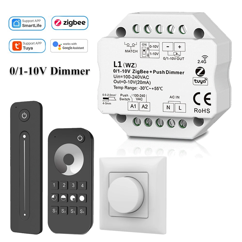 

0/1-10V Tuya Zigbee LED Dimmer Controller Push Switch 110V 220V 230V Smart Life APP 4-zone 2.4G Remote fr Alexa Google Assistant