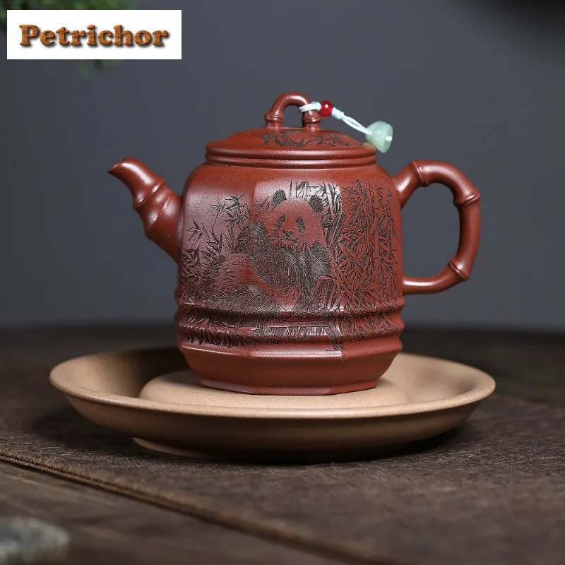 

350ml Yixing Purple Clay Teapots Handmade Panda Thick Bamboo Tube Pot Raw Ore Red Downhill Mud Tea Maker Kettle Zisha Tea Set